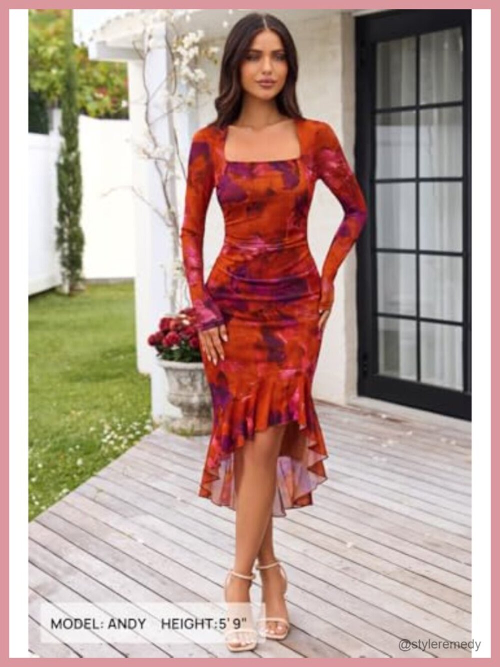 Women's Long Sleeve Bodycon Midi Dress Square Neck Ruched Side Mesh Floral - Picture 5 of 6